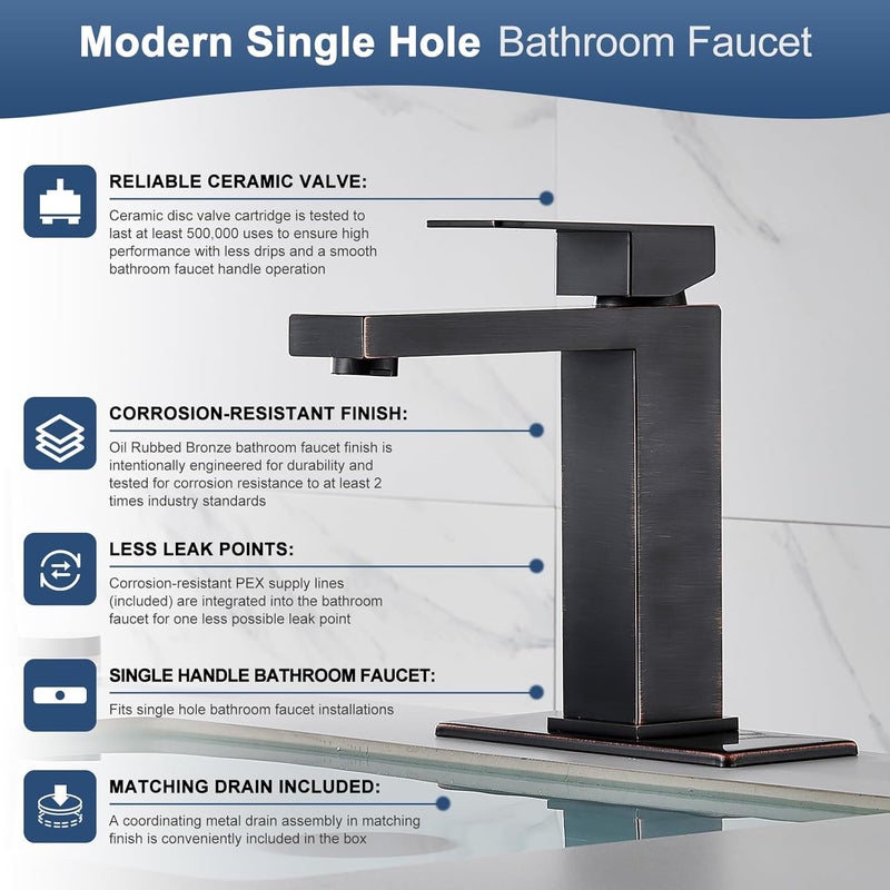 AVSIILE Oil Rubbed Bronze Bathroom Faucet, Single Hole Vanity Bath Faucet, Single Handle Modern Stainless Steel Bathroom Faucets for Sink 1 Hole with Pop Up Drain Stopper & Water Supply Hoses - Image 3